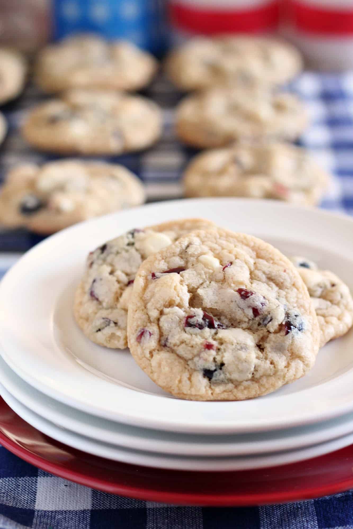 Red white and blue cookie with dried berries and white chocolate