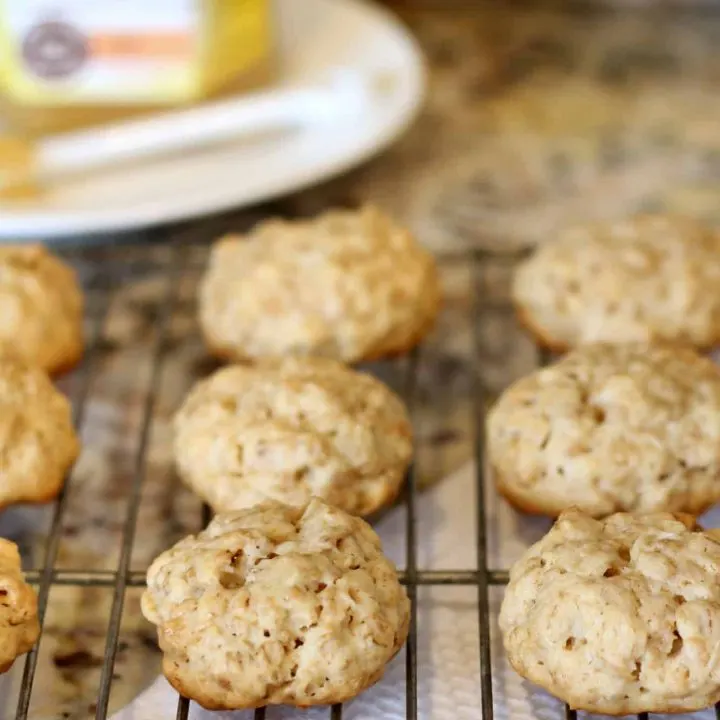 Healthy honey oatmeal cookies on a wire cooling rack