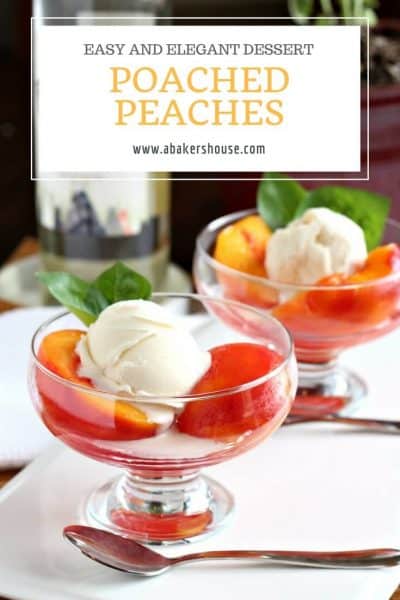 Peach dessert in glass bowl with text title overlay