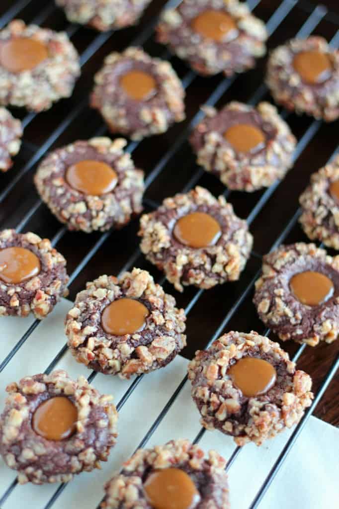 Caramel Chocolate Thumbprint Cookies on wire rack