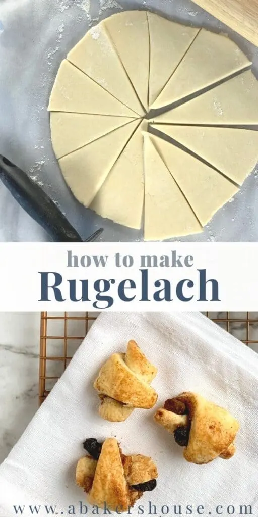 Long image of dough and finished baked rugelach