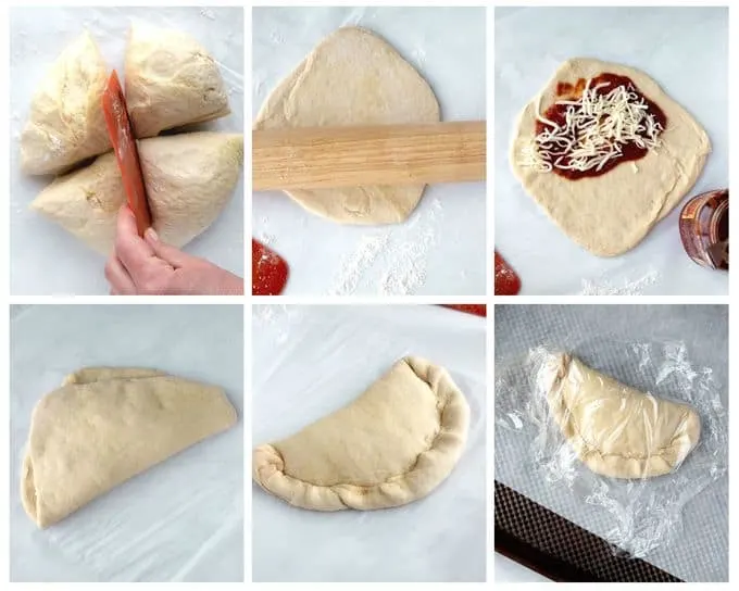 Six photos showing the steps to form a homemade calzone