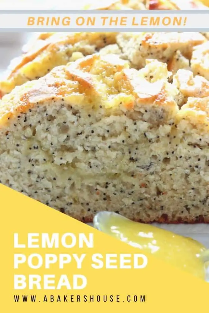 Pinterest image closeup lemon poppy seed bread sliced on marble board