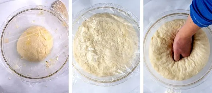 Three photos showing steps to let dough rise