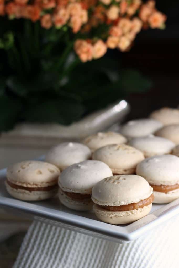 salted caramel macarons on a white platter with a flower in the background