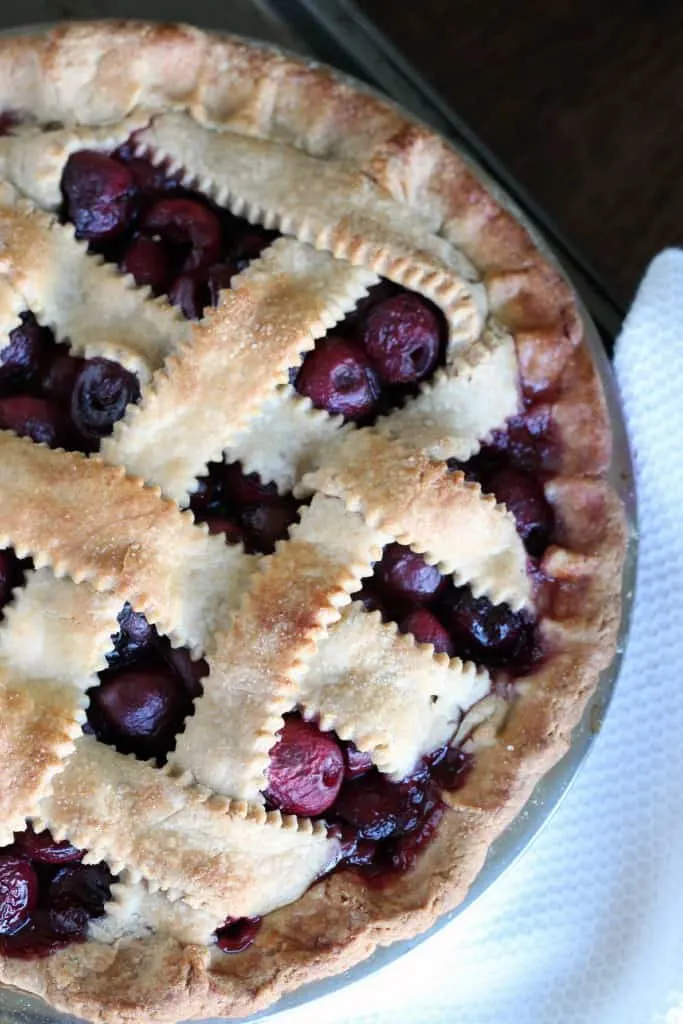 overhead view of whole wheat cherry pie (baked)