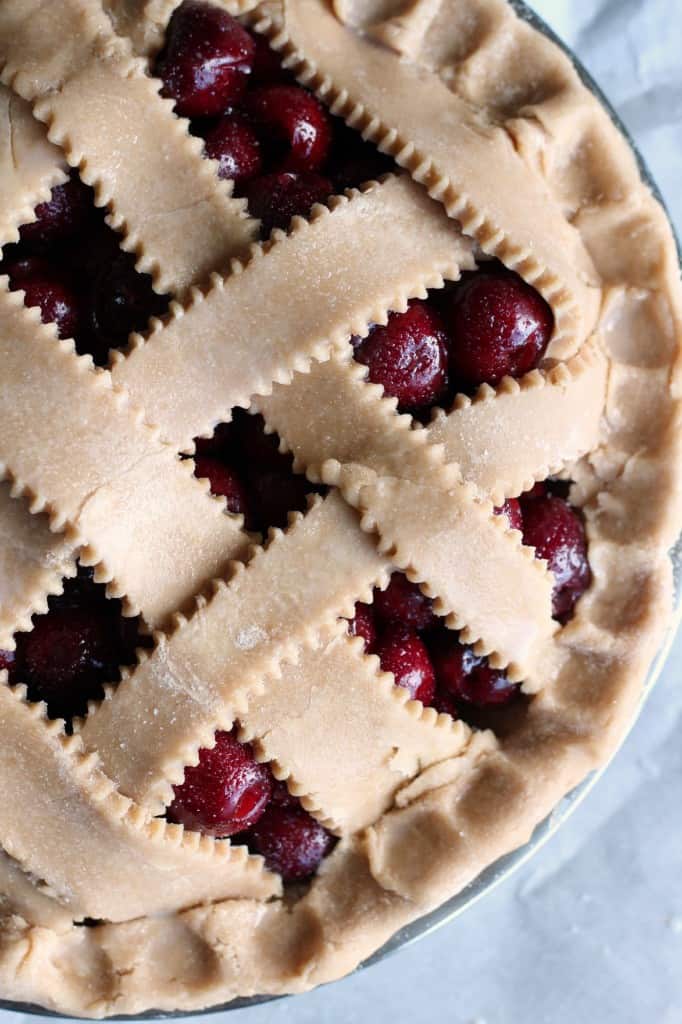 close up of whole wheat cherry pie unbaked