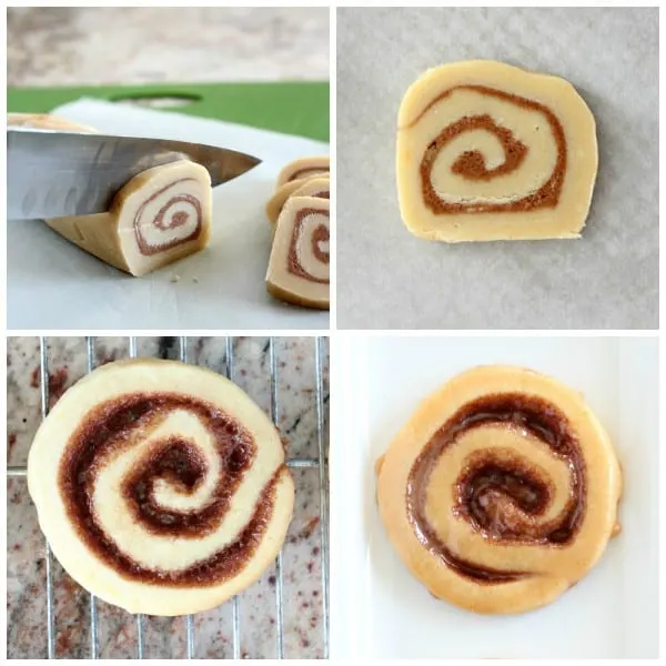 Four photos showing steps to roll dough for pinwheel cinnamon cookies