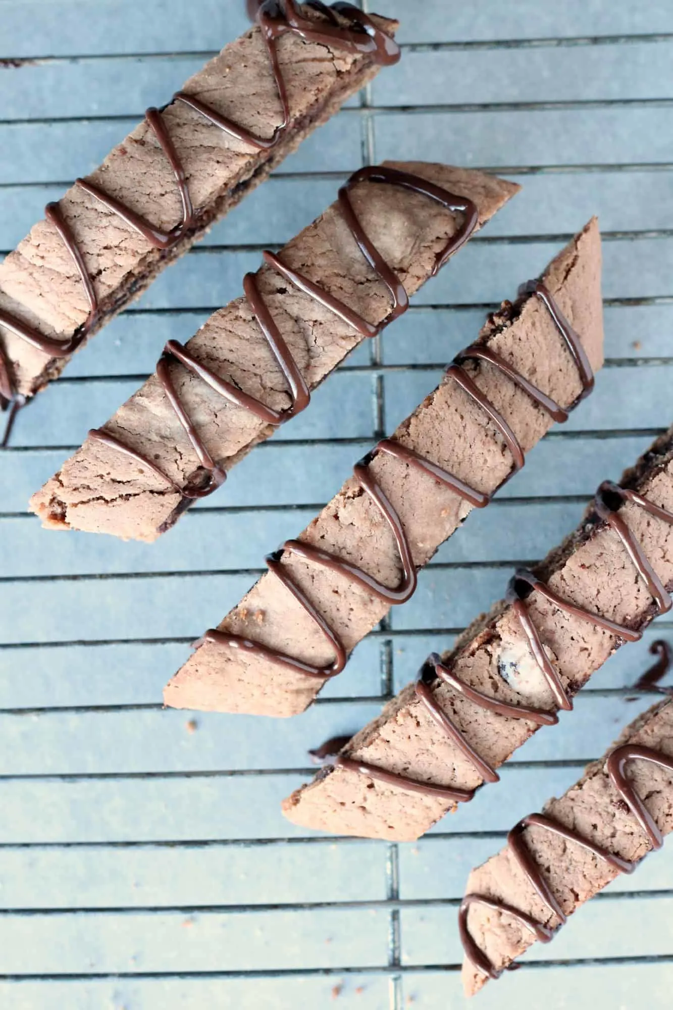 Mocha biscotti on a wire baking rack