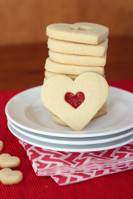 stack of heart cookies for Valentines' Day on red napkin