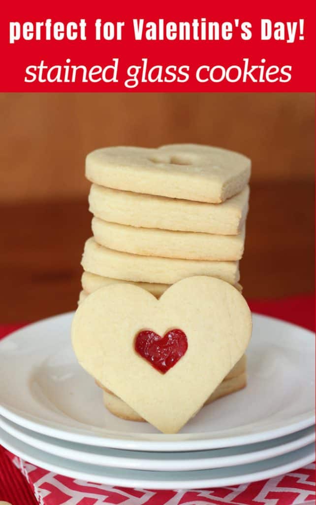 Pinterest image for stained glass heart cookies in a stack for valentines day cookies