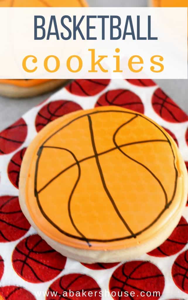 Pinterest image with text for basketball cookie on basketball napkin