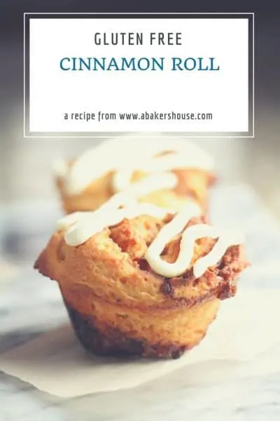 Gluten Free Cinnamon Roll with lines of cream cheese icing with text title overlay