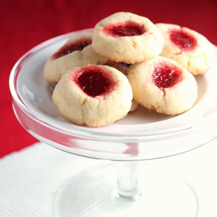 tray of strawberry filled jam thumbprint cookies