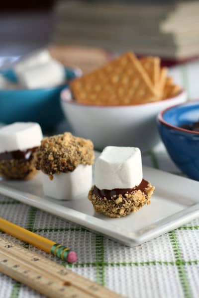 marshmallows dipped in chocolate and graham crackers on white plate