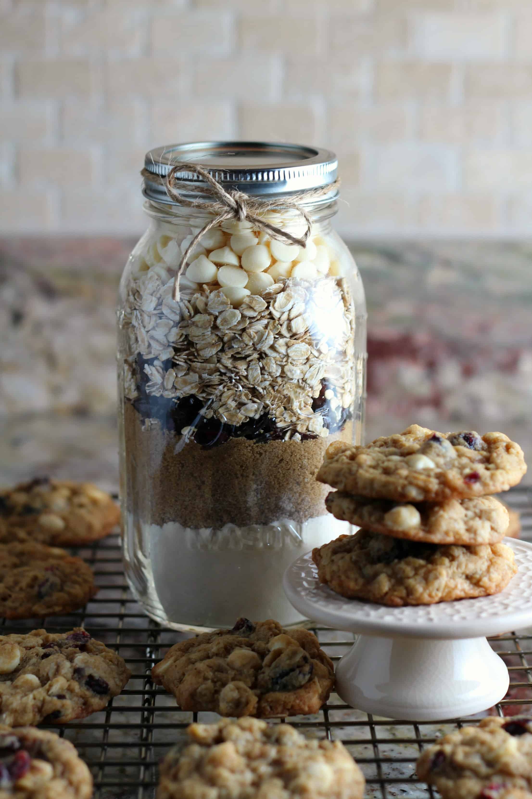 oatmeal cookies mix layered in a large mason jar