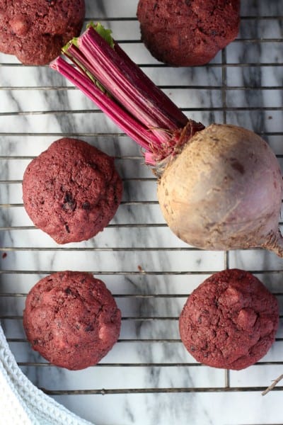 chocolate chip beet cookies on cooling rack with white towel