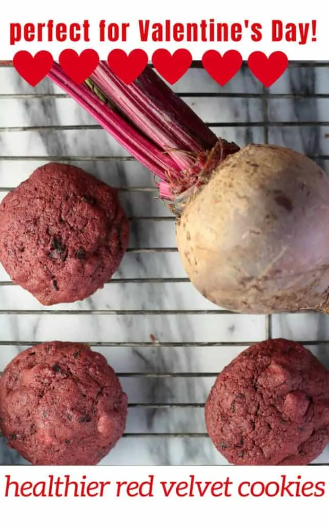 Healthier beet cookies red velvet cookies on a baking rack with a beet