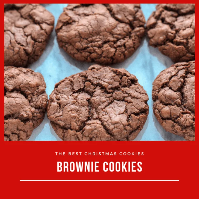 Square image of brownie cookies on a marble countertop