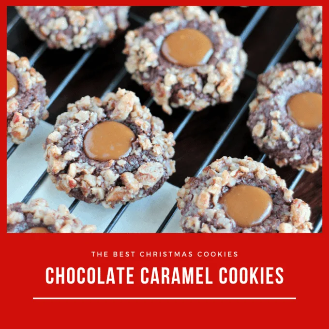 Square image of chocolate caramel thumbprint cookies
