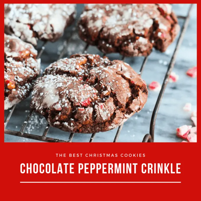 Chocolate peppermint crinkle cookie on wire rack with peppermint chips