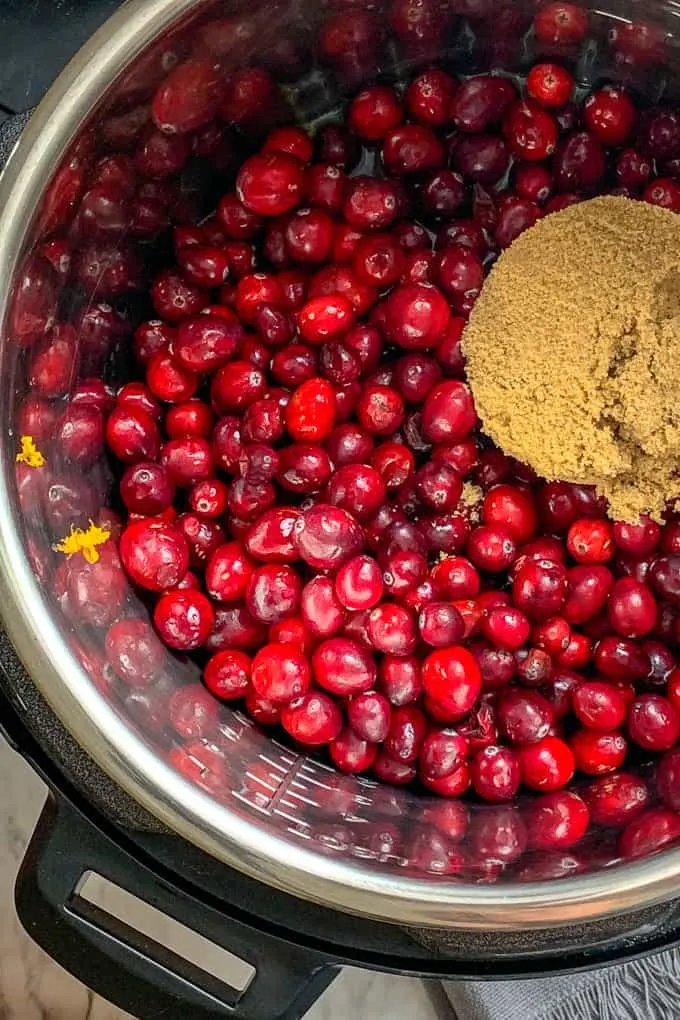 Brown sugar and cranberries for an Instant Pot cranberry sauce