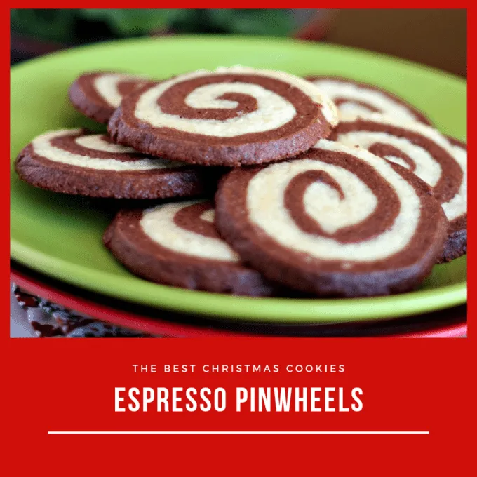 Espresso pinwheel cookies on a green plate