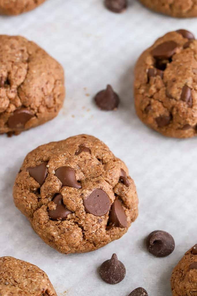 Nutella Chocolate Chip Cookies Gluten Free Cookies on a pan with white parchment background