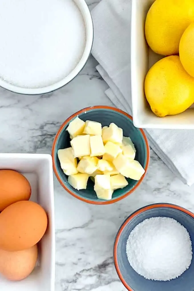 Ingredients of butter, sugar, lemons for lemon curd made in the Vitamix