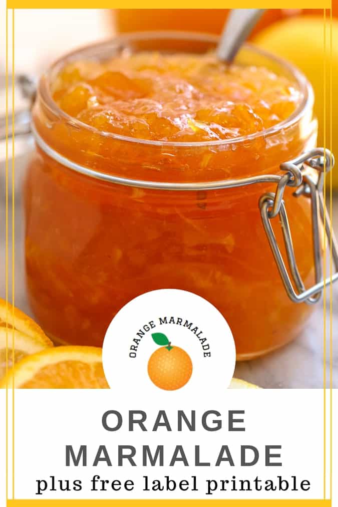 Pinterest image with orange marmalade and printable marmalade label