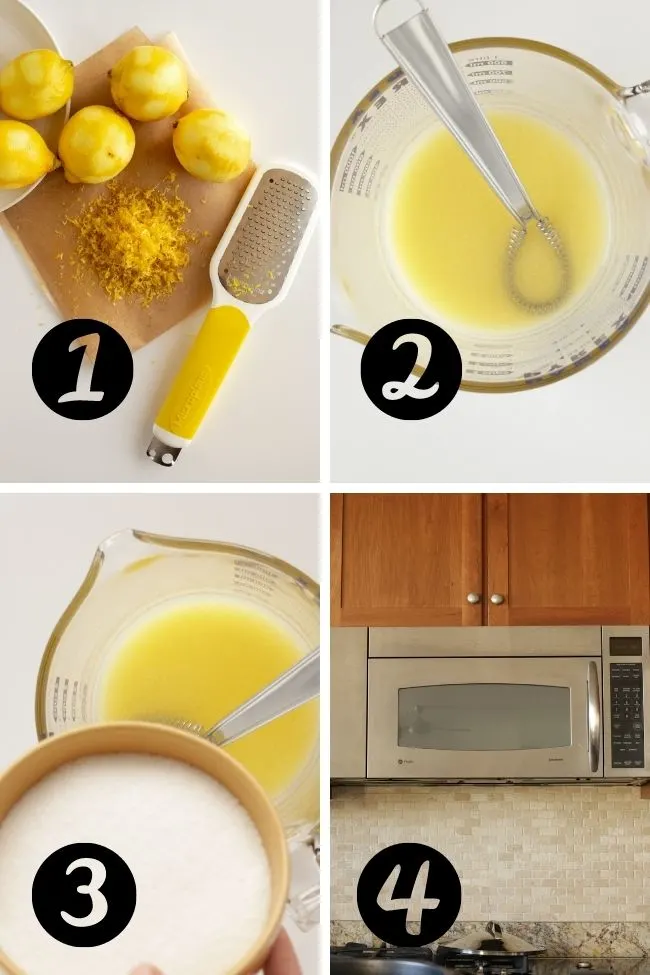 photos showing four steps to make lemon curd in microwave