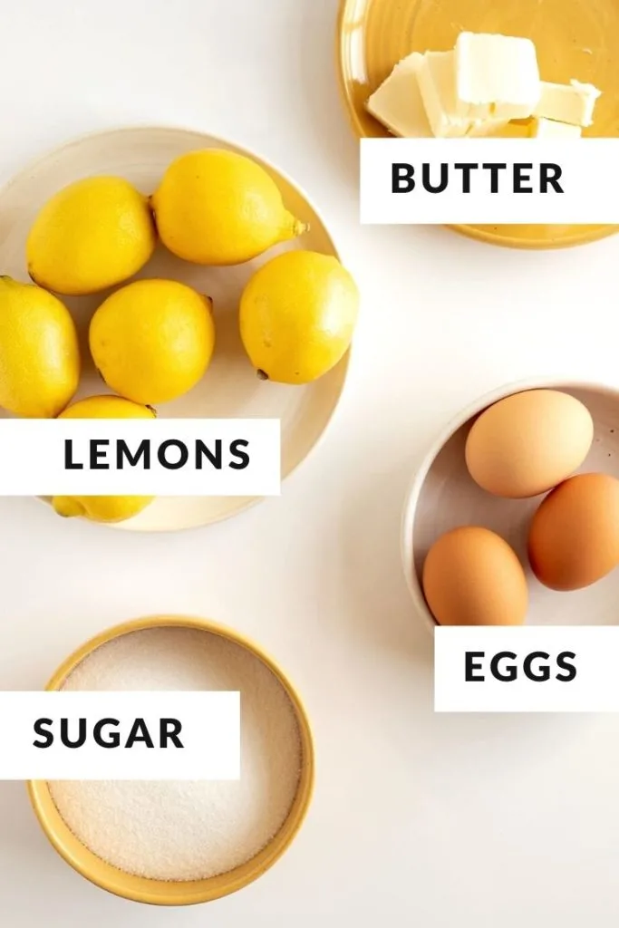 ingredients of lemons, butter, sugar, and eggs with text labels