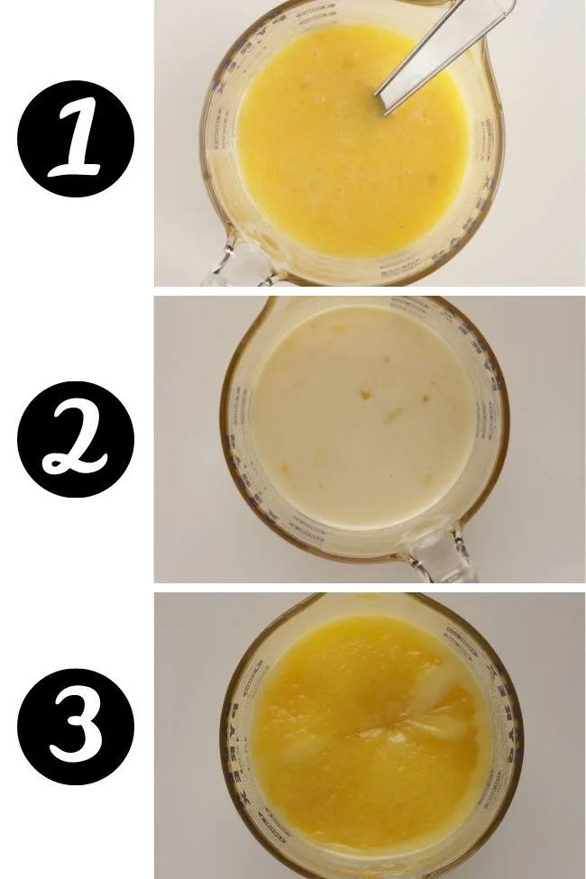 three photos showing lemon curd cooked for one, two and three minutes