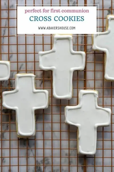 Basic cross cookies decorated white royal icing with text overly title