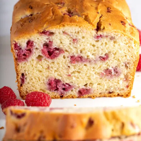 gluten free raspberry bread on white plate