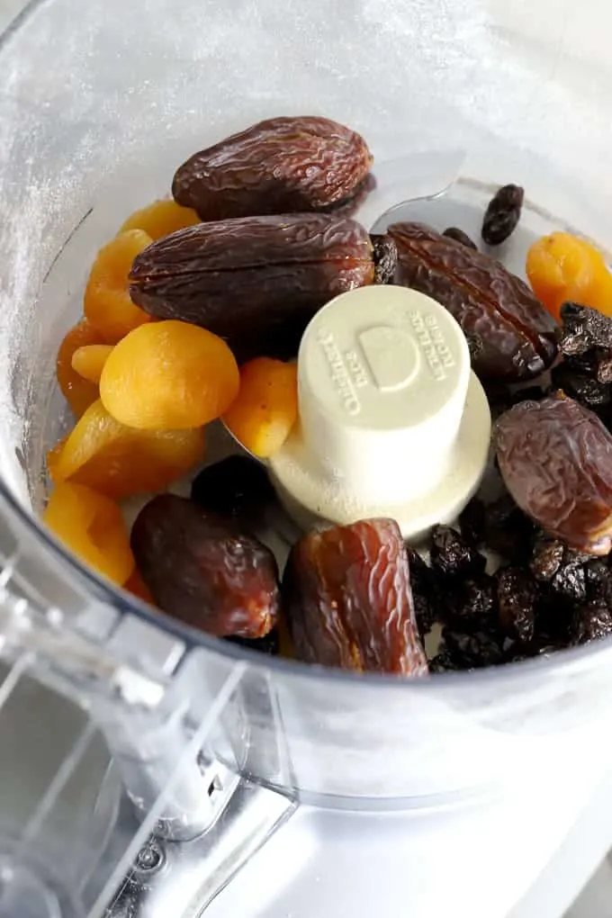 Dried fruits in food processor making homemade aussie bites