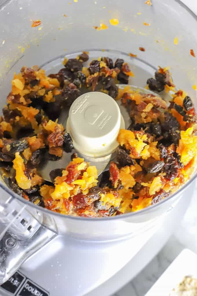 Dried fruits in tiny pieces in food processor for gluten free aussie bite recipe