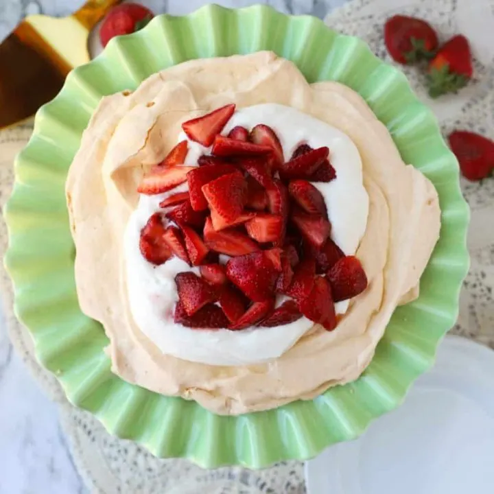 overhead photo of pavlova with strawberries