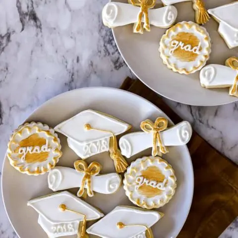 Graduation Cookies sugar cookies with royal icing in gold