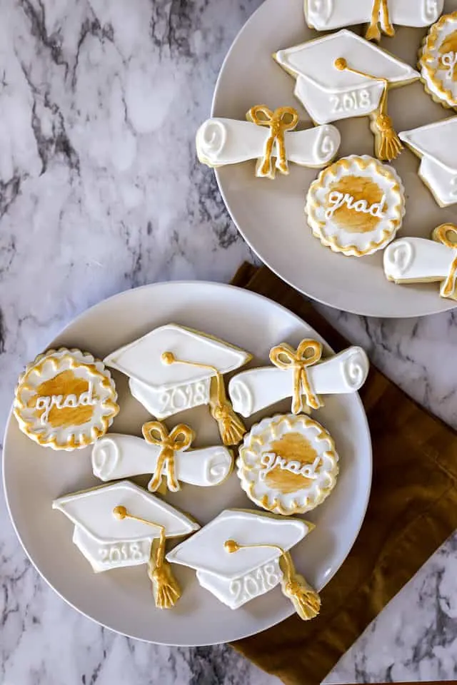 Graduation Cookies sugar cookies with royal icing in gold