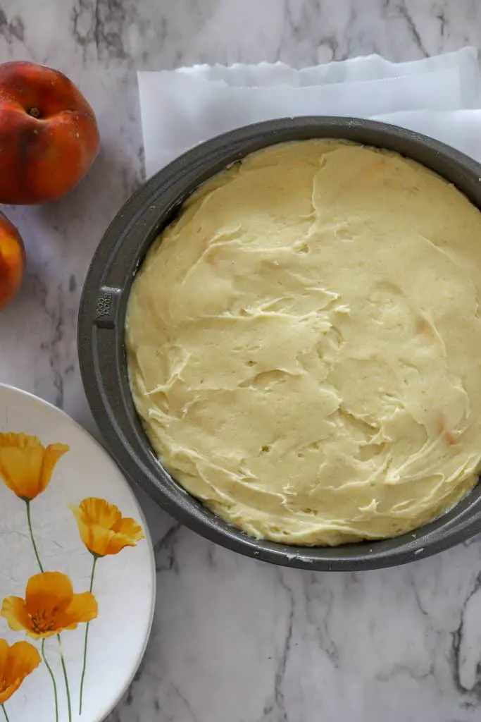 Batter for upside down cake in a cake pan