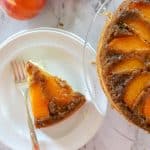 overhead photo of slice of upside down peach cake