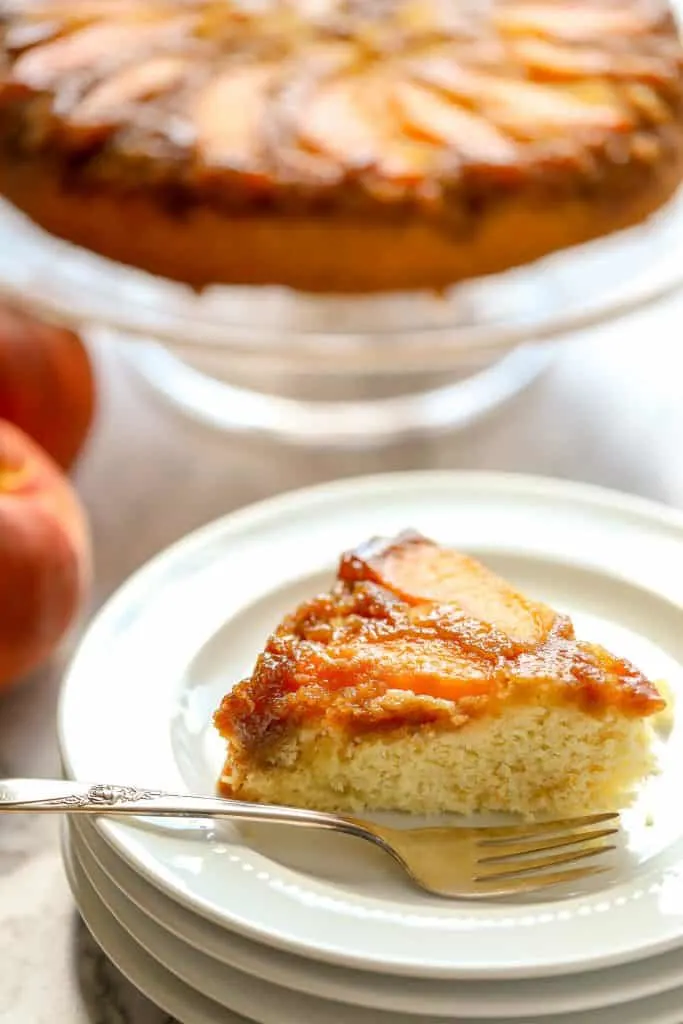 Slice of peach upside down cake gluten free