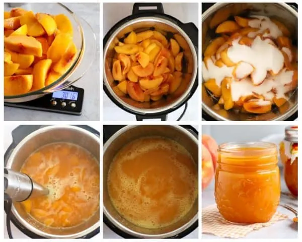 six photos steps to show how to make peach butter in the Instant Pot