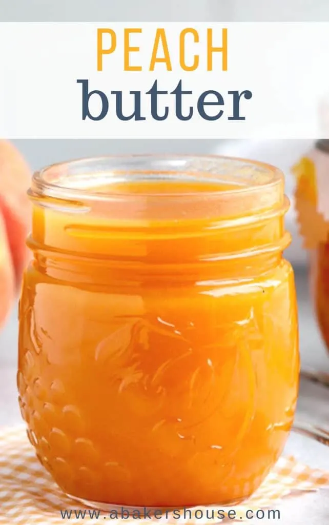 Pinterest image for peach butter in mason jar close up photo