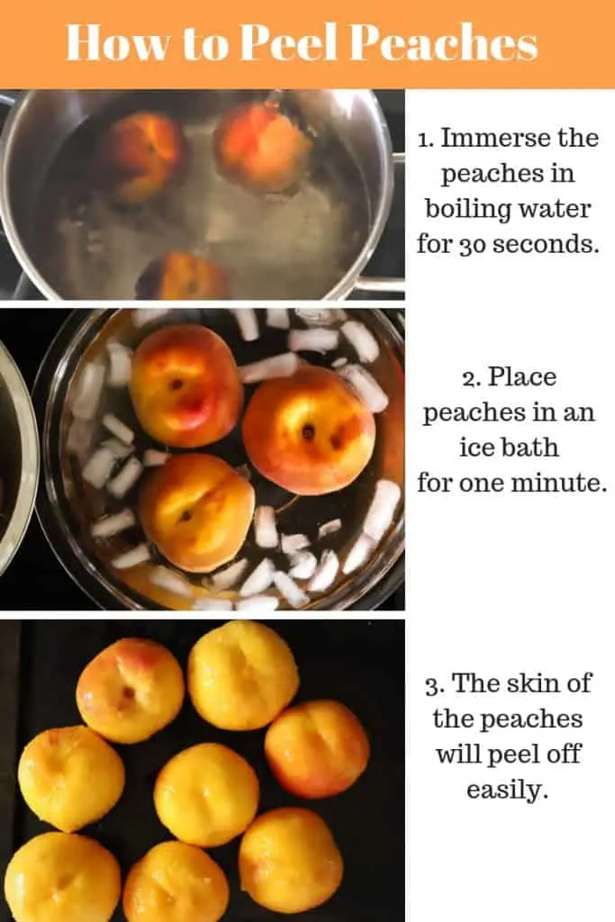 Steps in photos showing how to peel peaches in boiling water.