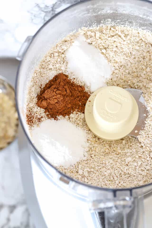 Dry ingredients for gluten free pumpkin muffins in the food processor