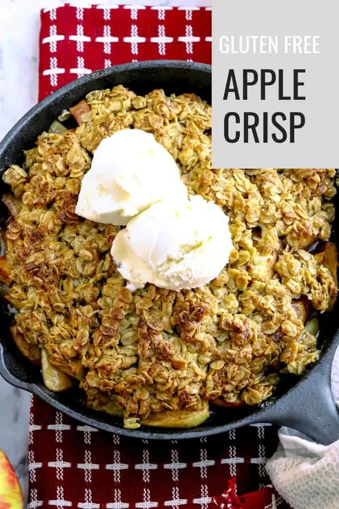 Overhead photo of Gluten Free apple crisp with vanilla ice cream