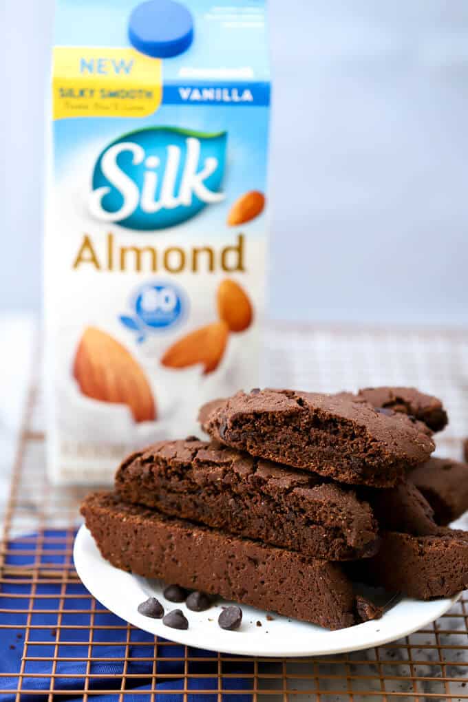 Stack of vegan chocolate biscotti with Silk almondmilk