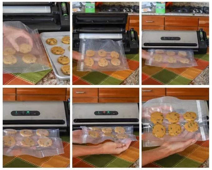 Collage of photos how to freeze cookie dough with FoodSaver
